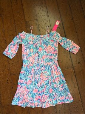 Lilly Pulitzer Girls Off-Shoulder Floral Print Dress in Pink & Blue